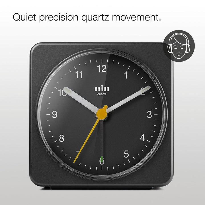 Classic Analogue Alarm Clock with Snooze and Light, Quiet Quartz Sweeping Movement, Crescendo Beep Alarm in Black, Model BC03B.