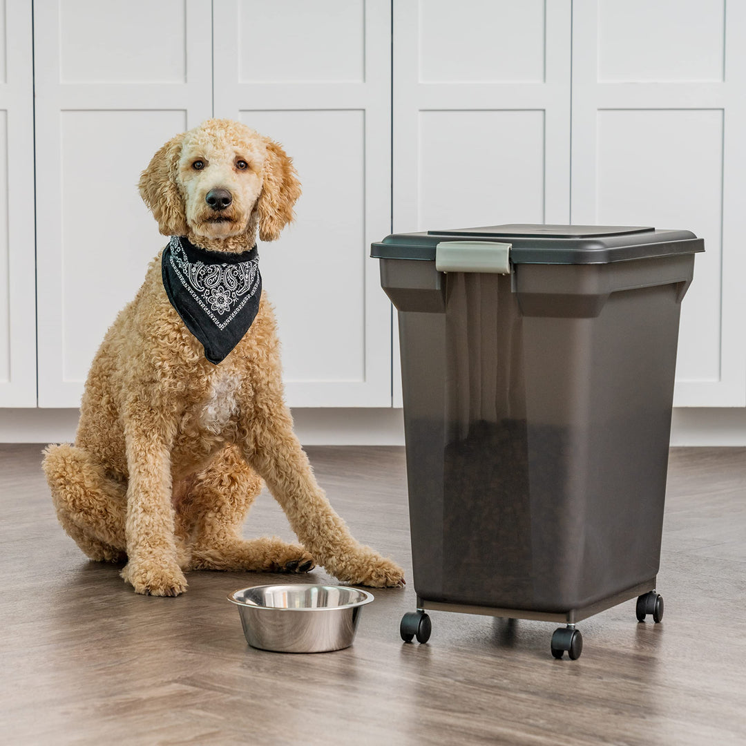 USA WeatherPro Airtight Dog Food Storage Container, Up to 58 lbs, Attachable Wheels, For Dog Cat Bird and Other Pet Food Storage Bin, Keep Fresh, Easy Mobility, BPA Free, Smoke