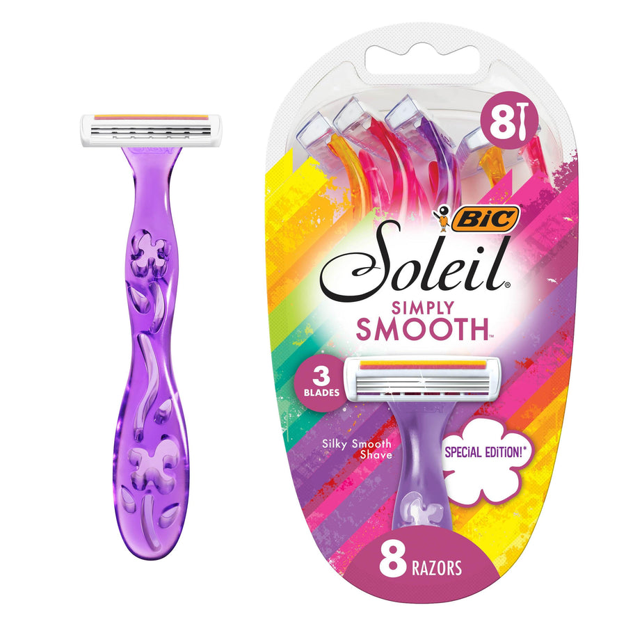 Soliel Simply Smooth Special Edition Disposable Razors for Women, Sensitive Skin Razor with Vitamin E Lubricating Strip and 3 Blades, 8 Piece Razor Set