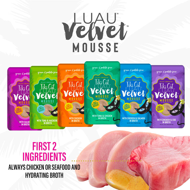 Tiki Cat Velvet Mousse, Protein Blend in Broth Variety Pack, Complete Nutrition for Balanced Diet, Wet Cat Food For All Life Stages, 2.8 oz. Pouch (Pack of 12)