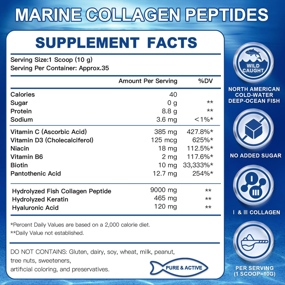 Marine Collagen Peptides Powder with Hyaluronic Acid, Keratin - Wild Caught Hydrolyzed Fish Collagen with Multivitamins - Support Skin Hair Nail Joints, Keto Friendly, 35 Servings