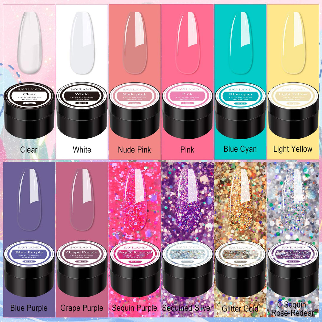 Saviland Builder Nail Gel Kit - 12 Colors Nail Extension Gel Kit Nail Strengthen Manicure Set with Nail Forms 3Pcs Nail Brush for Nails DIY Nail Art Supplies