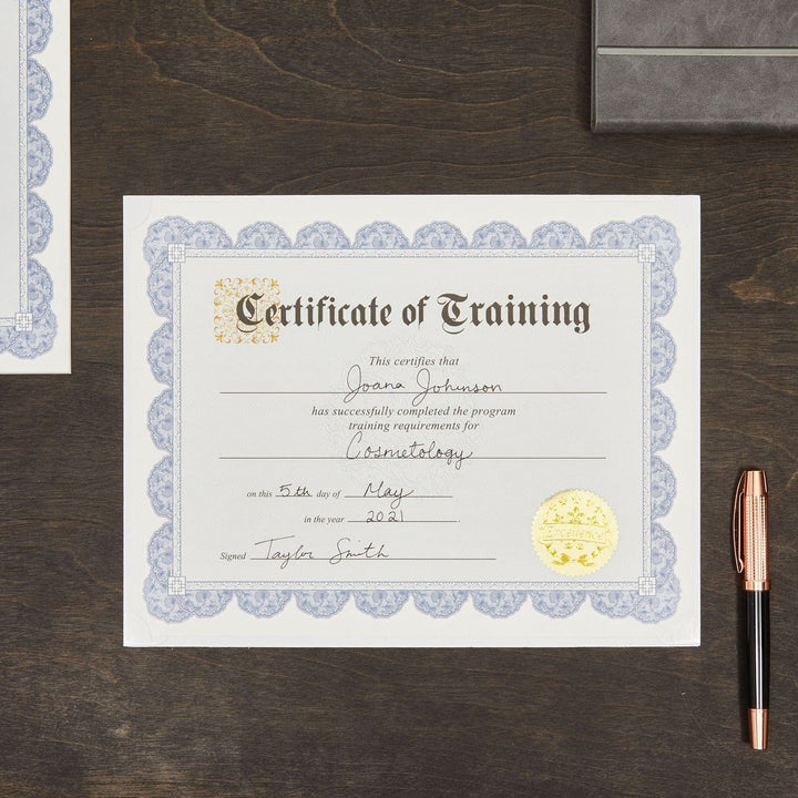 Certificate of Training with Blue Border, Gold Foil Seals (8.5x11 In, 48 Sheets)