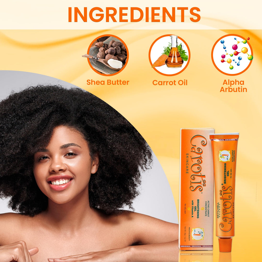 Brightening Gel | 30g / 1 fl oz | Fade Dark Spots on: Face Armpit, Body Knees, Feet, Hands, & Even Out Skin Tone | with Carrot Oil and Alpha Arbutin, For