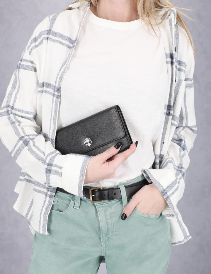 Leather RFID Flap Wallet Clutch Organizer, Black (Pebble)