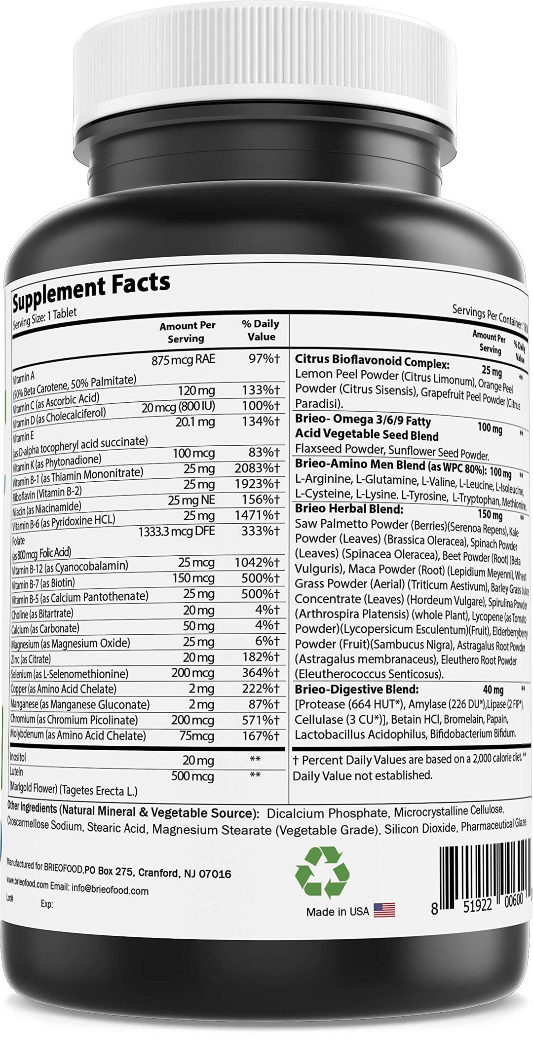 BRIOFOOD Day-to-Day Men's Multi 180 Tablets - Food Based Supplement with Vegetable Source Omegas