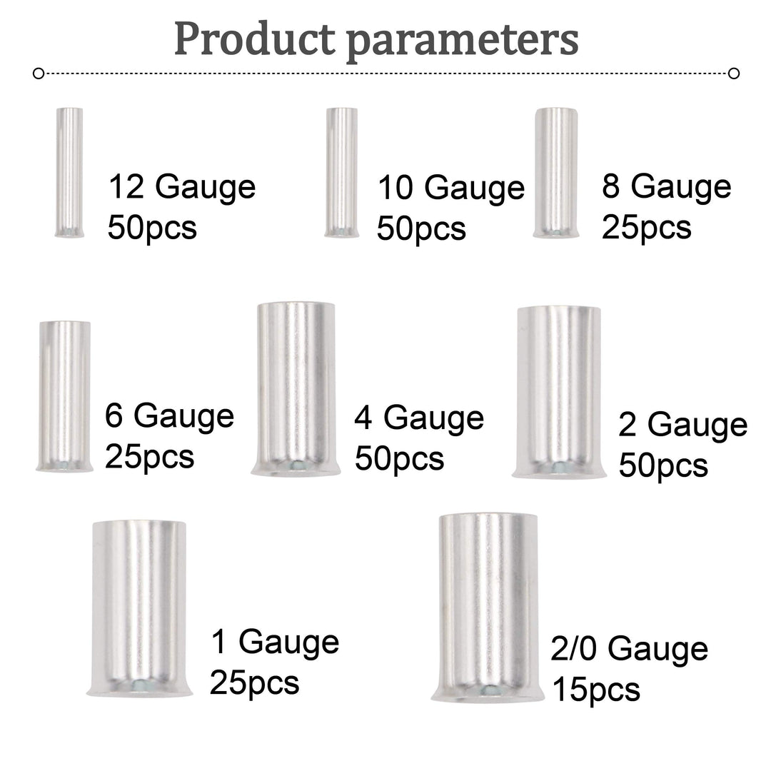 290PCS (AWG 12 10 8 6 4 2 1 2/0) 2/0-12 Gauge Wire Ferrules Kits Silver Plated Copper Crimp Connector Non Insulated Ferrules Pin Cord End Terminal