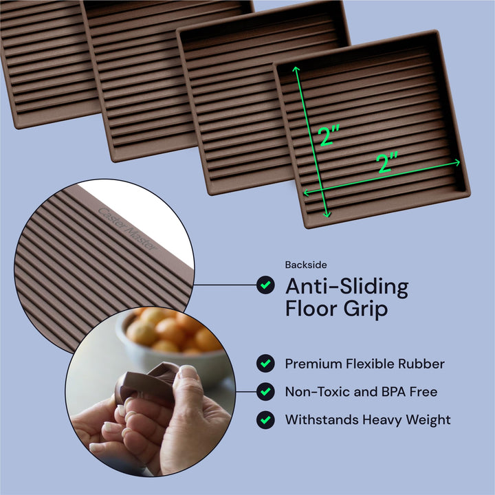 Non Slip Furniture Pads- 2x2 Square Rubber Anti Skid Caster Cups, Leg Coasters- Couch, Chair, Feet, and Bed Stoppers- Anti-Sliding Floor Protectors for Furniture (Set of 4) Brown