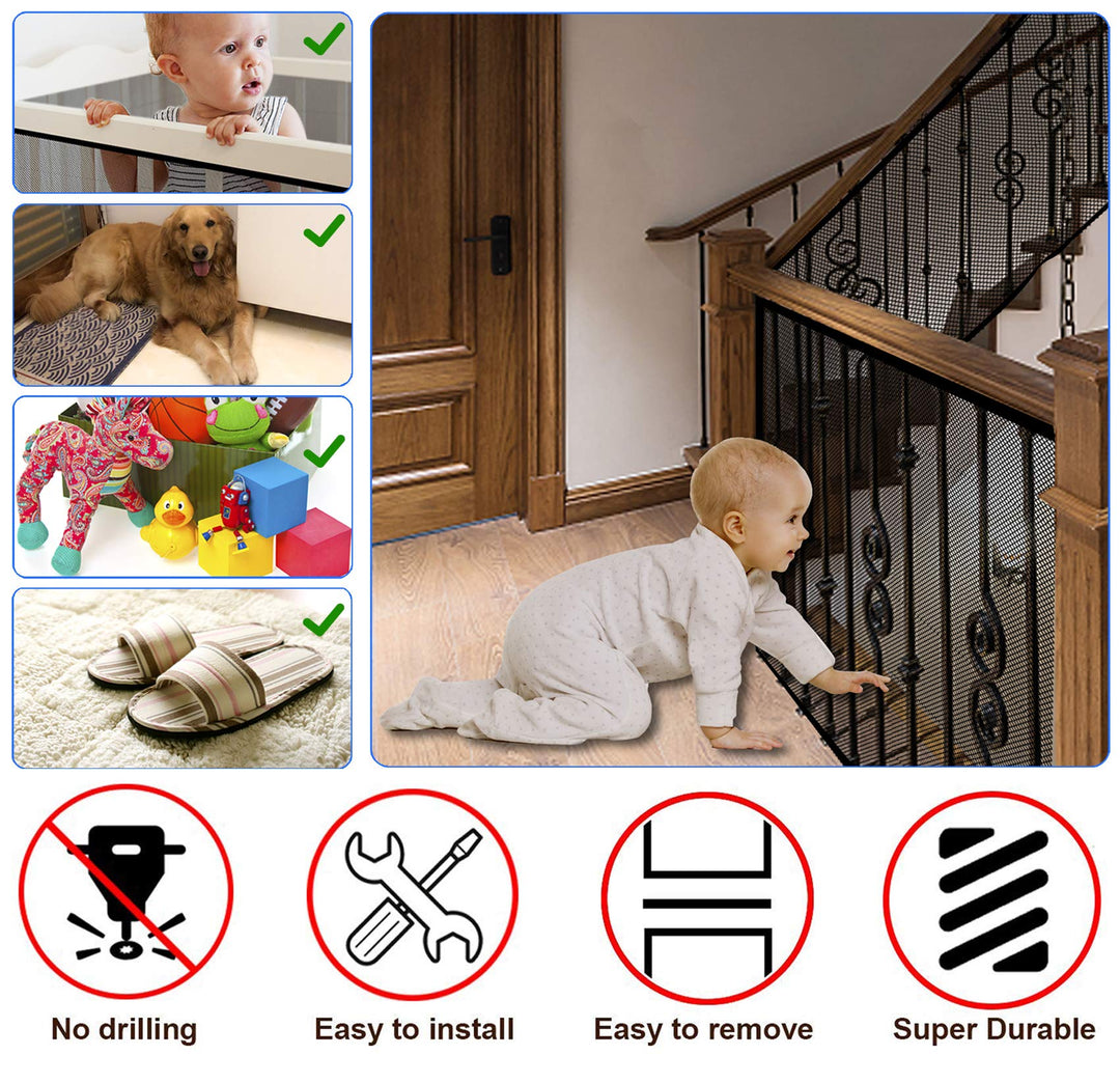 Baby Gate for Stairs, Banister Guard for Kids, Pets, Toys, 18 ft L x 2.66 ft H, Mesh Netting Safety Net for Balcony Rail Stair, Stairway Net Baby Safety Products for Indoor & Outdoor (Black)