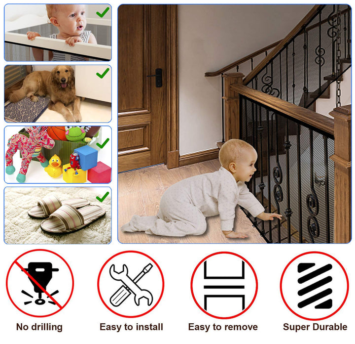Baby Gate for Stairs, Banister Guard for Kids, Pets, Toys, 18 ft L x 2.66 ft H, Mesh Netting Safety Net for Balcony Rail Stair, Stairway Net Baby Safety Products for Indoor & Outdoor (Black)