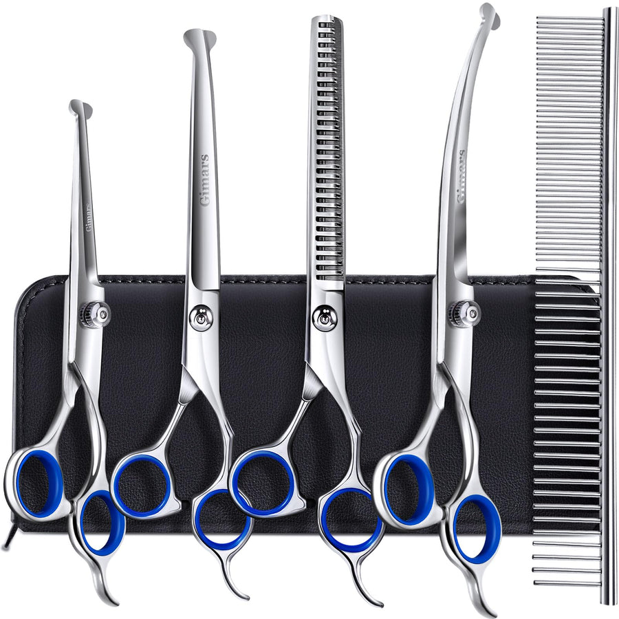 Titanium Coated Professional 6 in 1 4CR Stainless Steel Dog Grooming Scissors with Safety Round Tip, Heavy Duty Pet Grooming Scissor for Dogs, Cats and Other Animals
