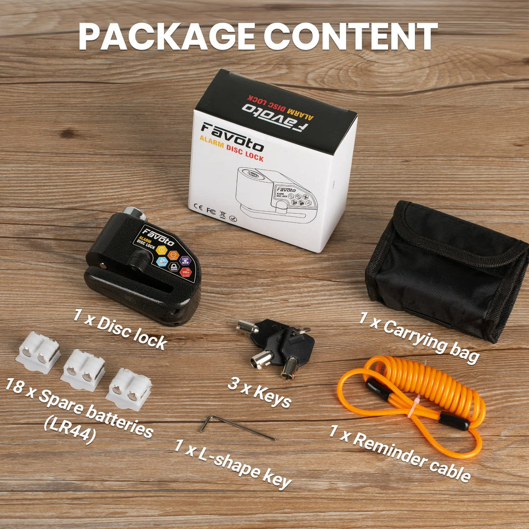 Alarm Disc Lock, 3 Keys and 18 Batteries (5-Year Availability), 110 dB Waterproof Anti-Theft Security Brake Padlock, 7mm Lock Pin with Reminder Cable, Fit for Motorcycle E-Bike Bicycle Scooter