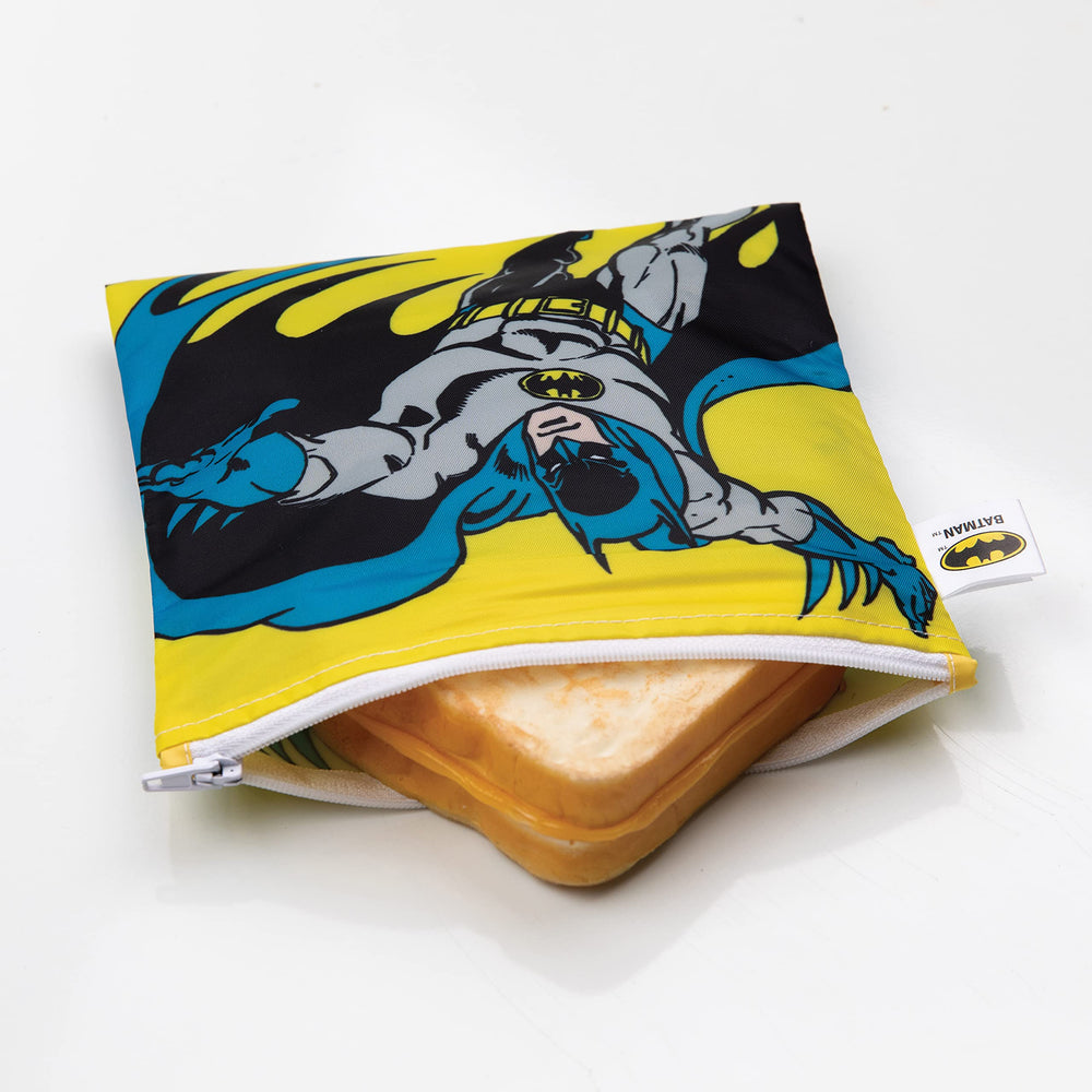 Reusable Sandwich and Snack Bags, for Kids School Lunch and for Adults Portion, Washable Fabric, Waterproof Cloth Zip Bag, Travel Pouch, Food-Safe, 3-pk Batman DC Comics