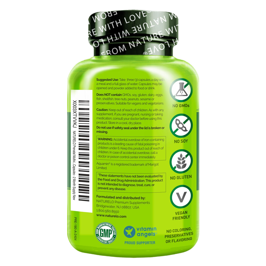 Prenatal Multivitamin with Gentle Chelated Iron, Methyl Folate, Plant Calcium & Choline - Vegan, Vegetarian - Non-GMO - Gluten Free - 180 Capsules - 2 Month Supply