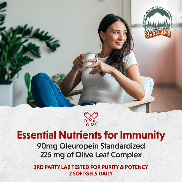 Barlean's Olive Leaf Complex Softgels Immune Support Supplement with 90 mg Oleuropein Antioxidants, Concentrated Heart Health and Immunity Booster Pills, 120 Count