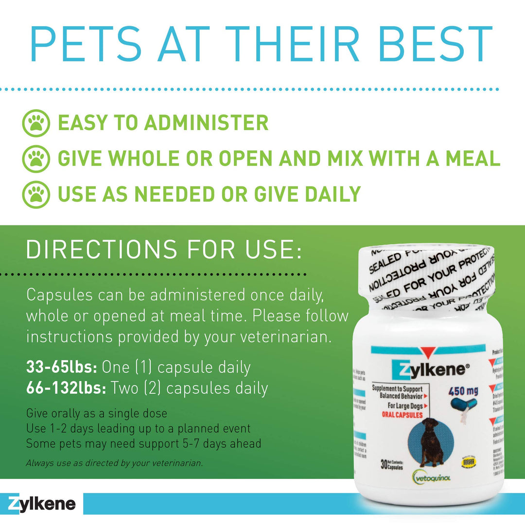 Zylkene Calming Support Supplement for Large Dogs 33-132lbs, Helps Promote Relaxation and Reduce External Stress Factors, Daily Behavioral Support and Anxiety Relief for Dogs, 450mg