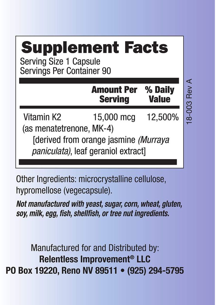 Vitamin K2 Mk4 Vegan Naturally-Derived 90 vegicapsules