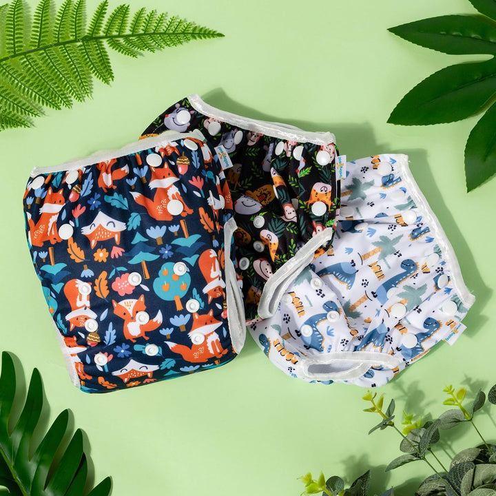 Babygoal Swim Diapers 3 Pack for 8M-3T Babies and Toddlers, Reusable Adjustable Washable for Baby Girl and Boy Swimming Lessons-Fox,Deer,Dinosaur
