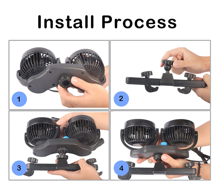 12 Volt Car Fan for Back Seat, Portable Car Seat Fan car essentials, Headrest 360°Rotatable Dual Head Cooling Fan with 2 USB Charging Port & Cigarette Lighter Plug for Vehicles, SUV, RV, Boat