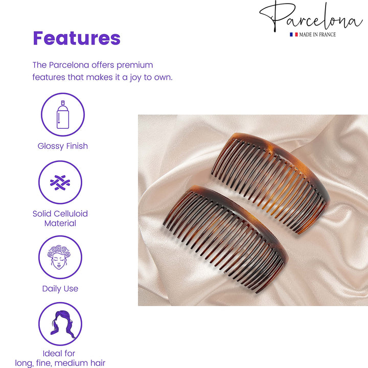 French Glossy 23 Teeth Large 4 1/4 Celluloid Acetate Set of 2 No Slip Grip Side Hair Combs for Women, Made in France (Tortoise Shell Brown)