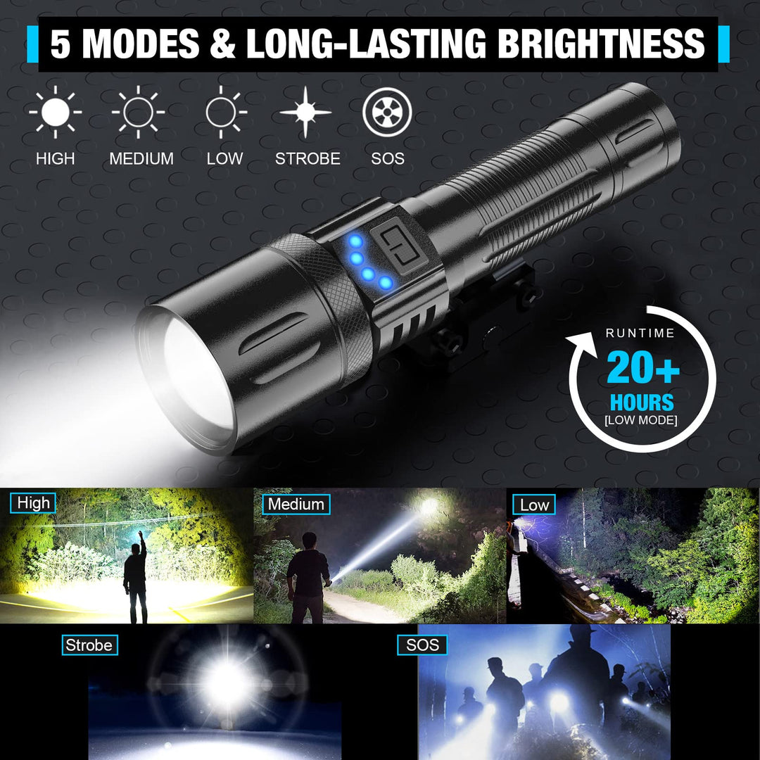 Rechargeable Tactical LED Flashlights,Super Bright 10000 Lumens Flashlight High Lumen(for Camping and Hiking) with Waterproof,Zoomable,Small Flashlight for Emergency