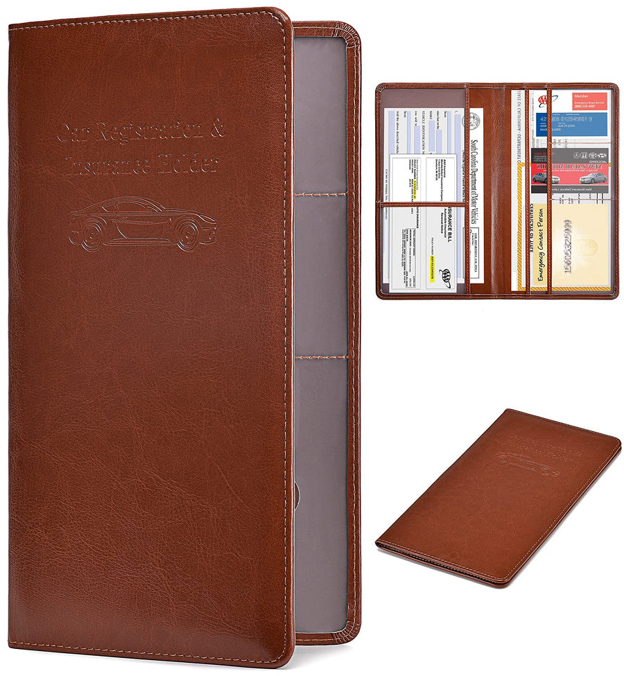 Car Registration and Insurance Card Holder - Leather Vehicle Glove Box Automobile Documents Paperwork Wallet Case Organizer for ID, Driver's License, Key Contact Information Cards - Men&Women