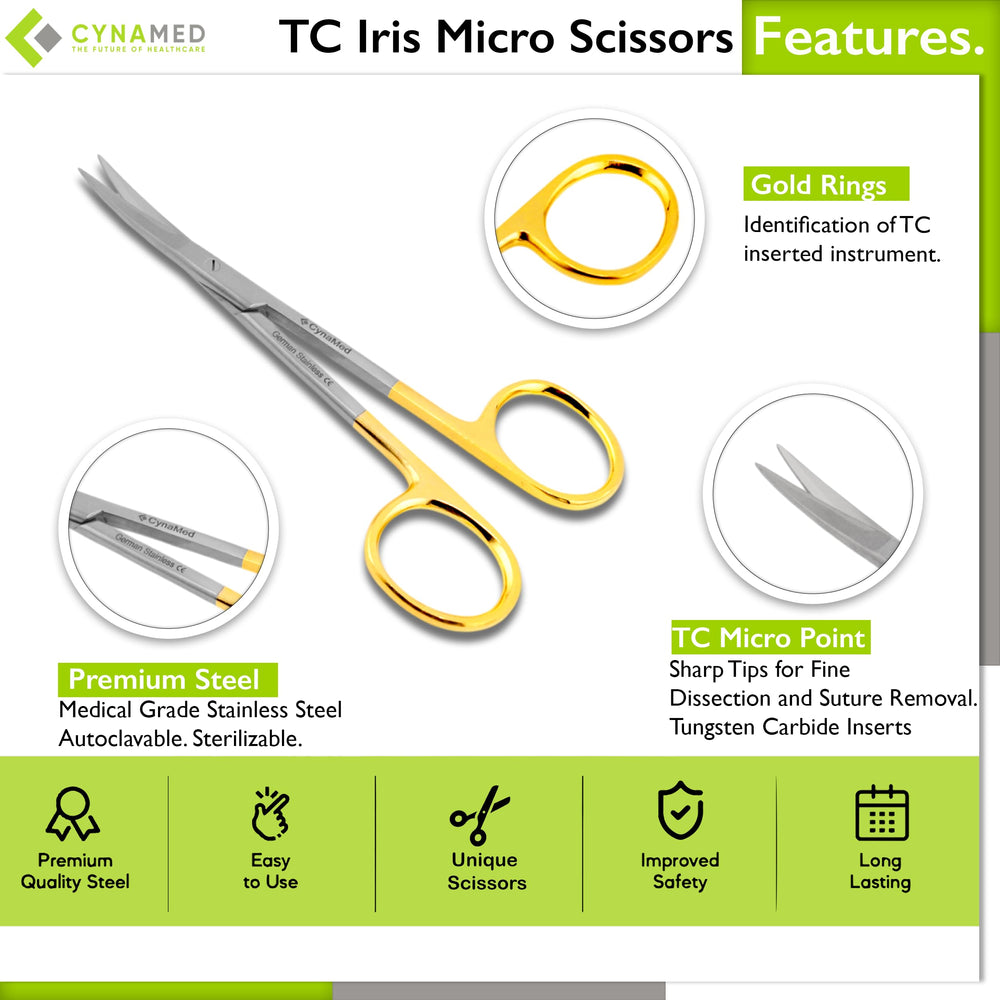 TC Iris Micro Dissecting Scissors with Tungsten Carbide Inserts and Gold Rings - Premium Quality - Perfect for Fine Precision Tissue Dissection, Suture Removal (4.5 in. - Curved Blades)