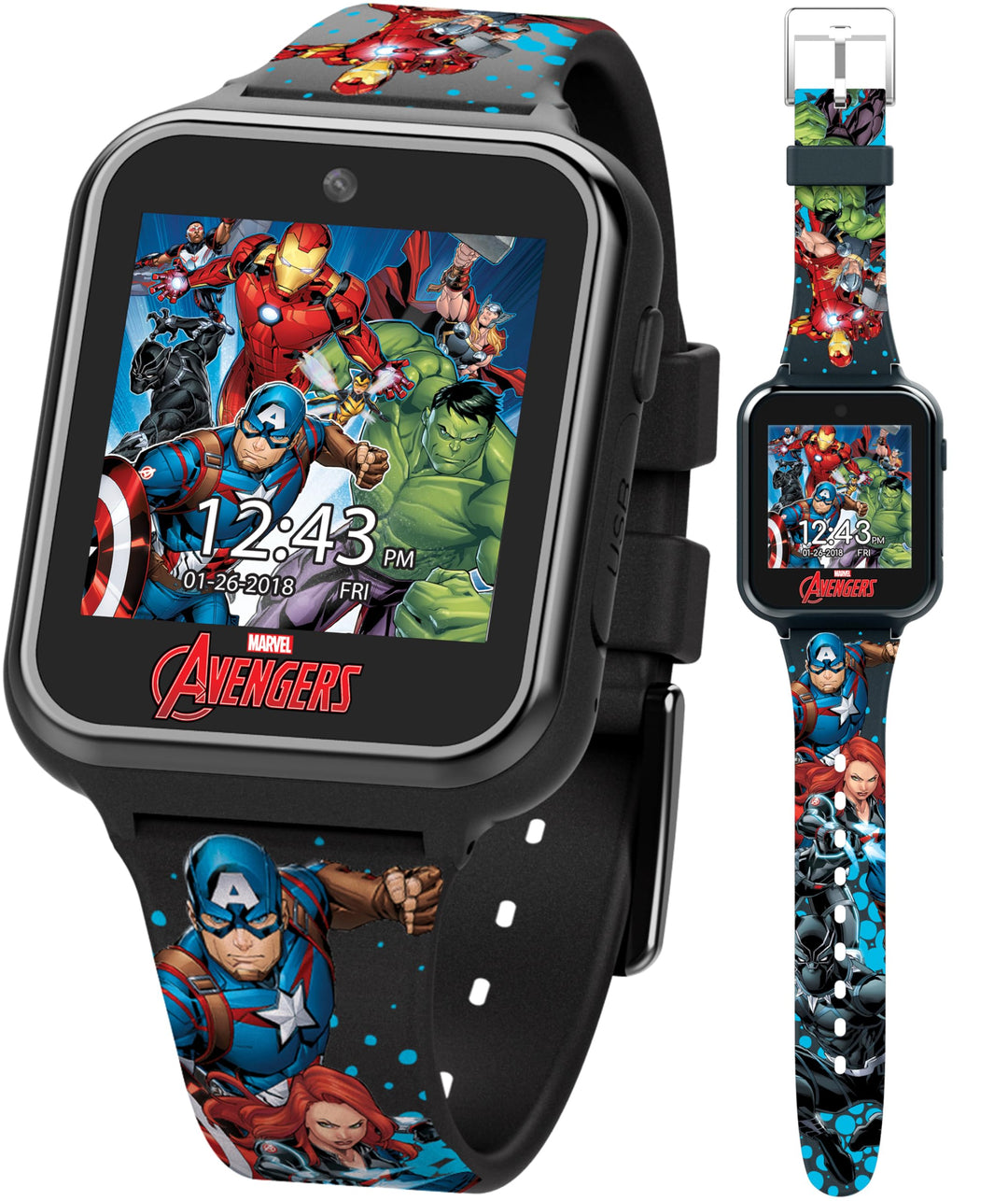 Accutime Kids Avengers Black Educational Touchscreen Smart Watch Toy for Girls, Boys, Toddlers - Selfie Cam, Learning Games, Alarm, Calculator, Pedometer and more (Model: AVG4597AZ)