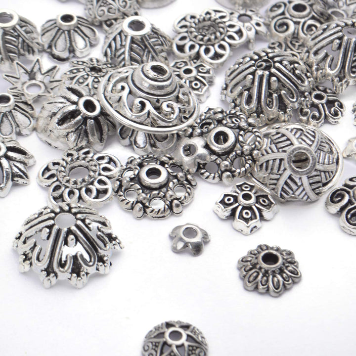 200pcs Tibetan Silver Flower Bead Caps Bead Caps Spacer Beads Bali Style Jewelry Findings for Necklace Bracelet,20 Styles