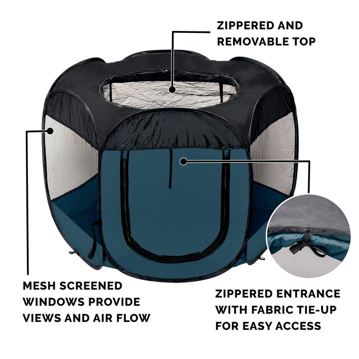 Portable Dog Playpen Cat Tent, Pet playground/kennel foldable indoor outdoor zippered puppy crate - Sailor Blue, Extra Large