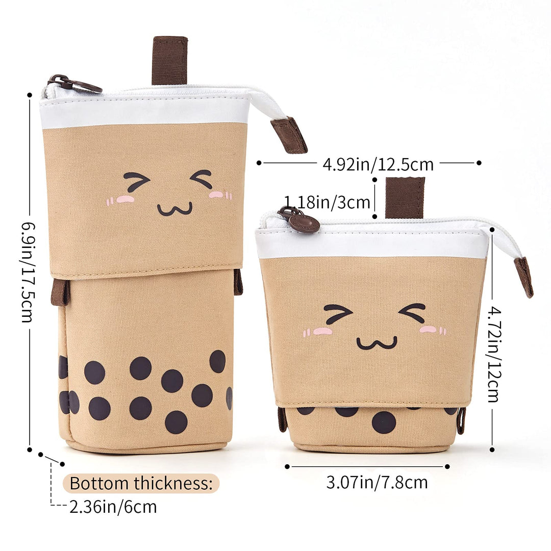 Cute Pencil Case Standing Pen Holder Telescopic Makeup Pouch Pop Up Cosmetics Bag with Kawaii Smile Face Stationery case Office Organizer Box for Girls/Boys Students Women Adult (Brown)