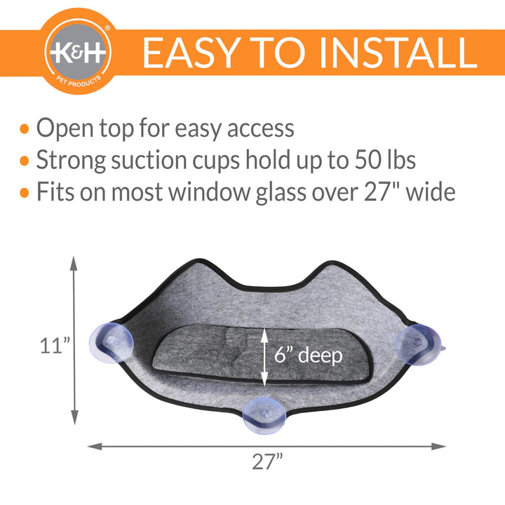 K&H Pet Products EZ Mount Kitty Face Cat Window Perch Bed, Sturdy Cat Window Hammock with Strong Suction Cups, Washable Sleeping Pad, Fits 27 W X 11 H Glass Spaces - Gray Kitty Face Design