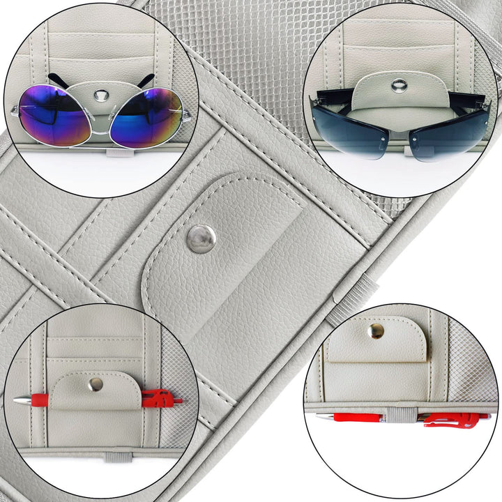 Car Sun Visor Organizer, Multi-Pocket Visor Organizer Storage Pouch for Cars, SUVs & Trucks with Double Zippers, Elastic Bands & Glasses Clip - Organizes Essentials Keep Tidy (Cream Grey)