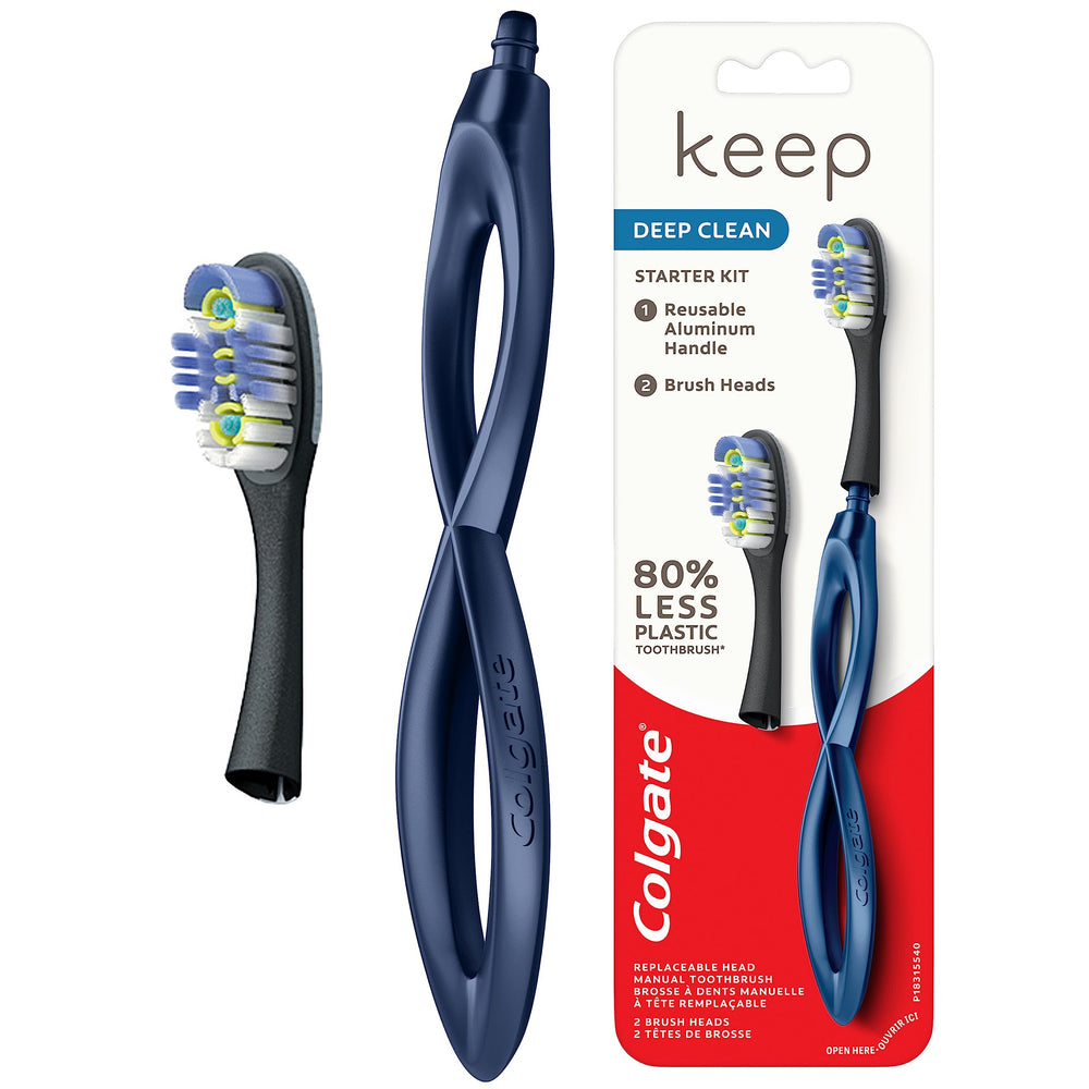 Keep Soft Manual Toothbrush for Adults with 2 Deep Clean Floss Tip Brush Heads, Silver