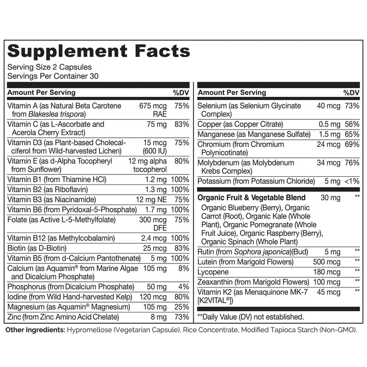Whole Food Multivitamin for Teenage Boys - Vitamins and Minerals Supplement for Active Kids - with Plant Extracts - Non-GMO - Vegan & Vegetarian - 60 Capsules