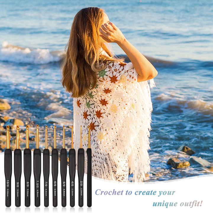 Black Gold Crochet Hooks Needles for Arthritic Hands, 2.0-6.0mm Crochet Hook Set Ergonomic Soft Grips Knitting Hook for Crochet Yarn Craft, Aluminum Knitting Crochet Supplies Kit for Knitter