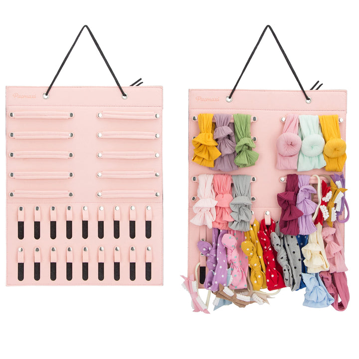 Hanging Baby Girl Headbands Storage Organizer, Newborn Headbands and Bows Holder(10 Snap Band+18 Snaps,Pink)