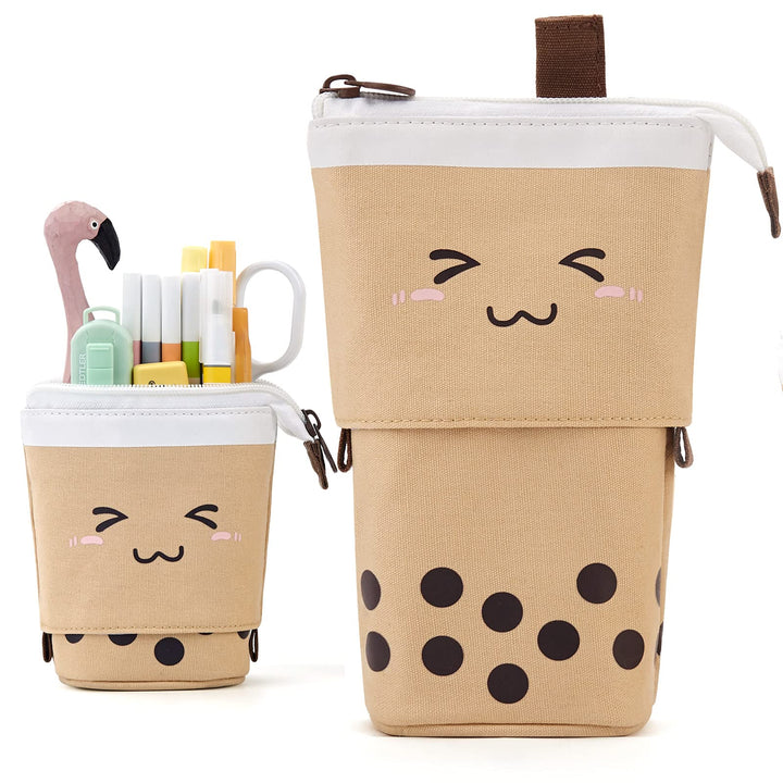 Cute Pencil Case Standing Pen Holder Telescopic Makeup Pouch Pop Up Cosmetics Bag with Kawaii Smile Face Stationery case Office Organizer Box for Girls/Boys Students Women Adult (Brown)