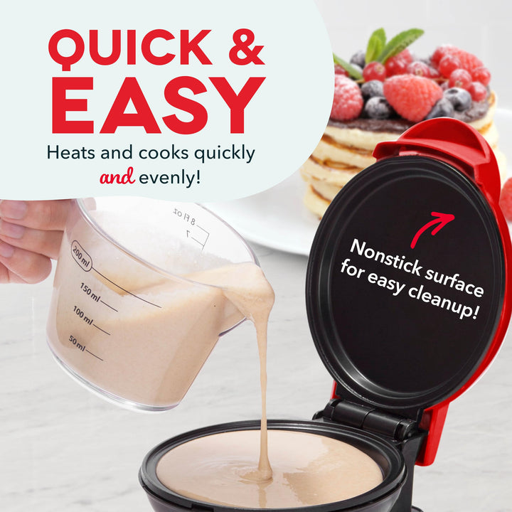 Mini Maker Electric Round Griddle for Individual Pancakes, Cookies, Eggs & other on the go Breakfast, Lunch & Snacks with Indicator Light + Included Recipe Book - Red