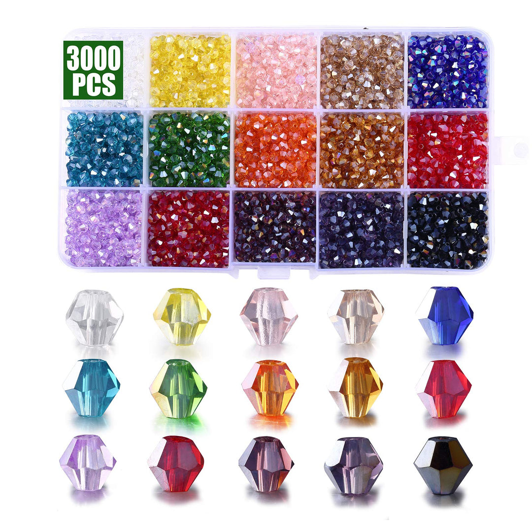 Bicone Beads for Jewelry Making, 3000pcs 4mm Faceted Crystal Glass Beads- Perfect for Suncatcher Handmade Crafts, DIY Bracelets, Necklaces, Dolls(15 Color- AB Colorful)