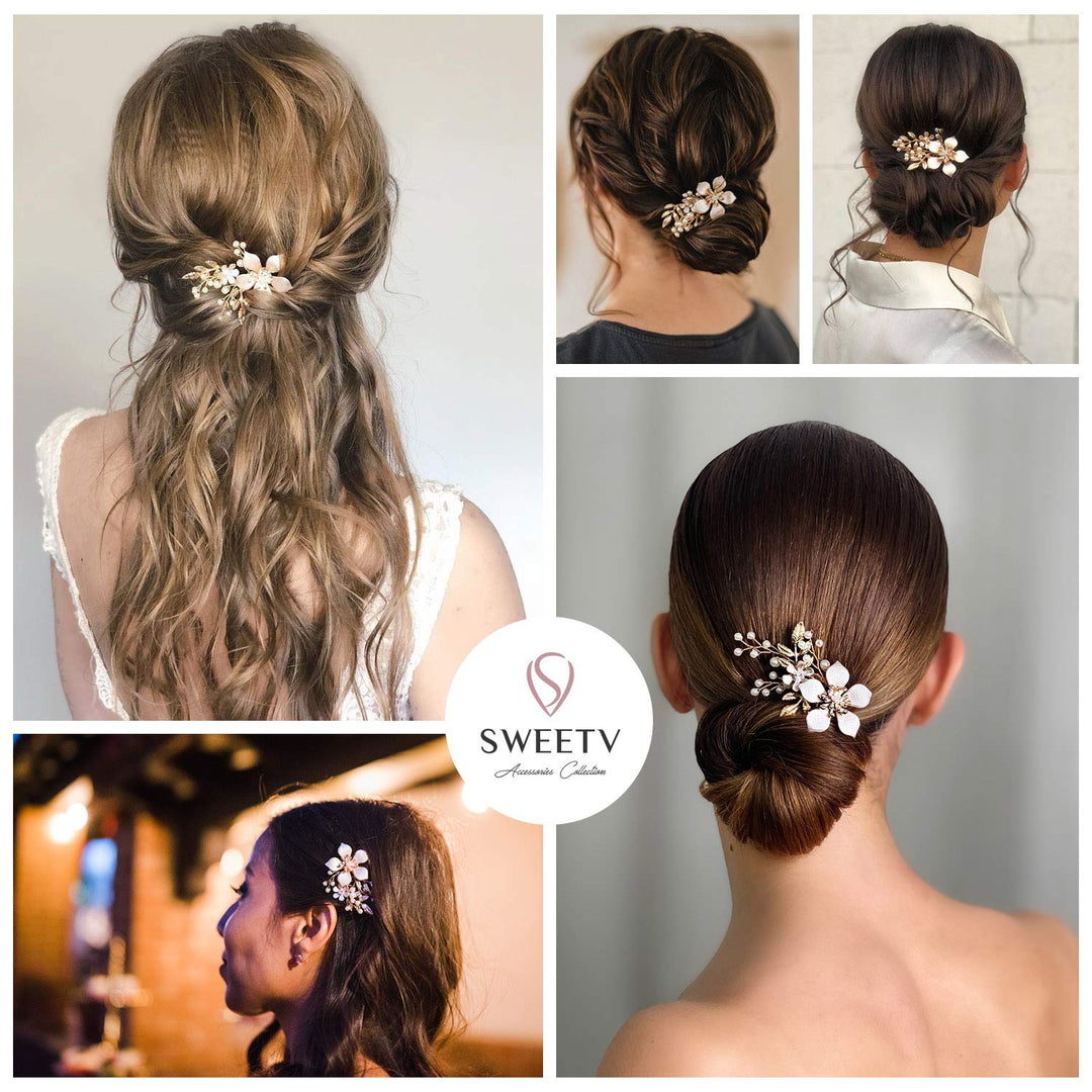Gold Bridal Hair Clip,Floral Bridal Hair Comb Barrette Flower Hair pieces for Brides Wedding