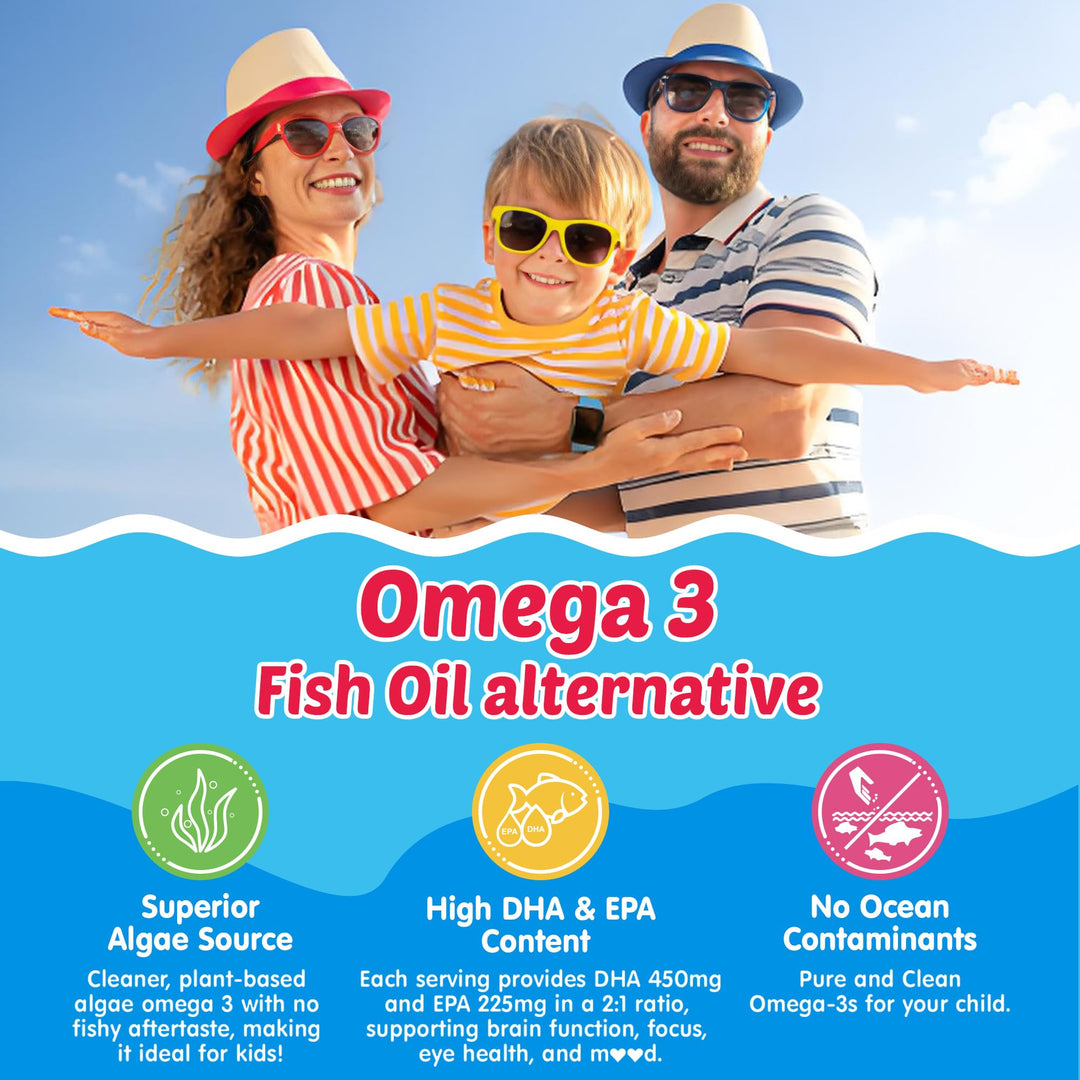 Kids Omega 3 Gummies with Calcium, Vitamin D3 & K2, C, Omega-3 DHA Gummies for Focus and Memory, Bone Health & Immune Support, Kids Omega3 Supplement - No Fish Taste, Non-GMO, Chewable, 2 Pack