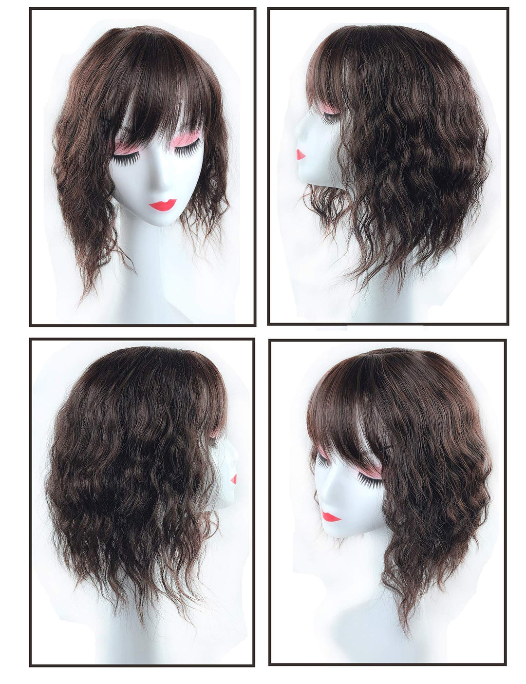 Water Wavy Hair Forehead Piece Clip in Middle Part Topper with Choppy Fringe Thin/35cm, Dark Brown
