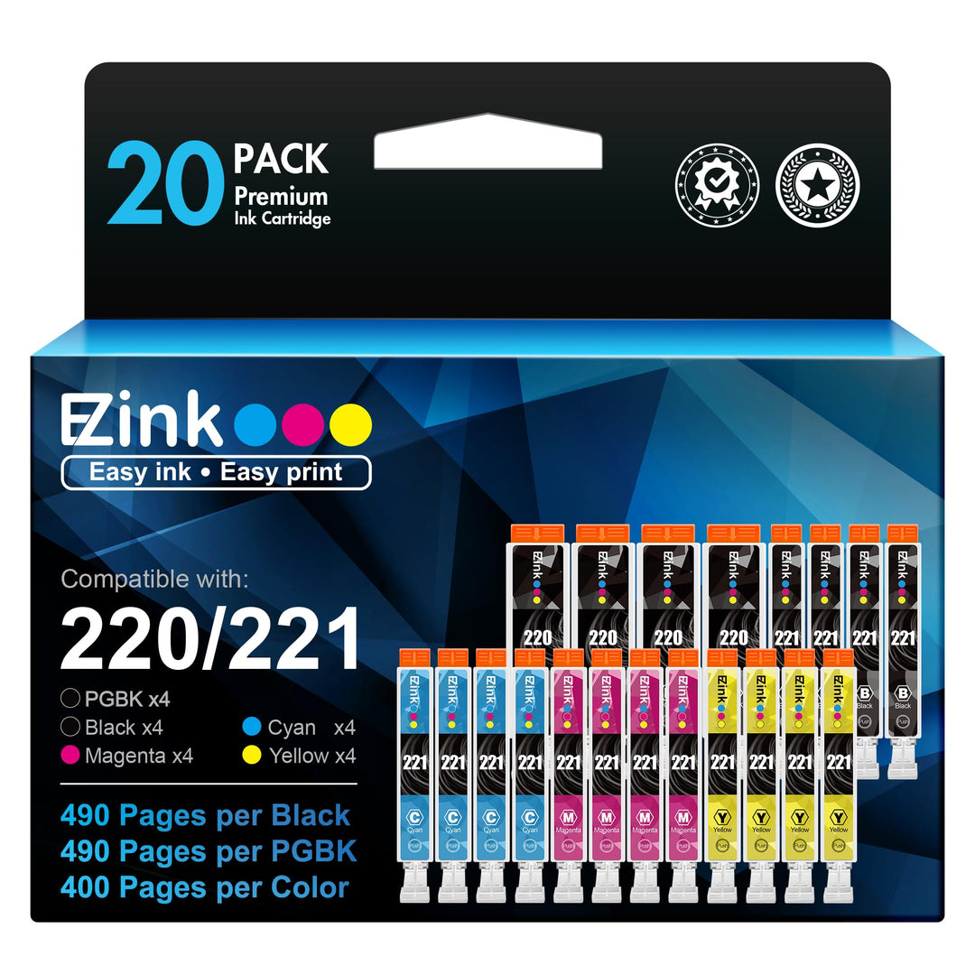 Compatible Ink Cartridge Replacement for Canon PGI220 PGI-220 CLI221 CLI-221 to use with MX870 MX860 MP620 MP560 MP980 (4 Large Black, 4 Cyan, 4 Magenta, 4 Yellow, 4 Small Black) 20 Pack