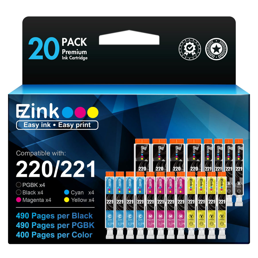 Compatible Ink Cartridge Replacement for Canon PGI220 PGI-220 CLI221 CLI-221 to use with MX870 MX860 MP620 MP560 MP980 (4 Large Black, 4 Cyan, 4 Magenta, 4 Yellow, 4 Small Black) 20 Pack