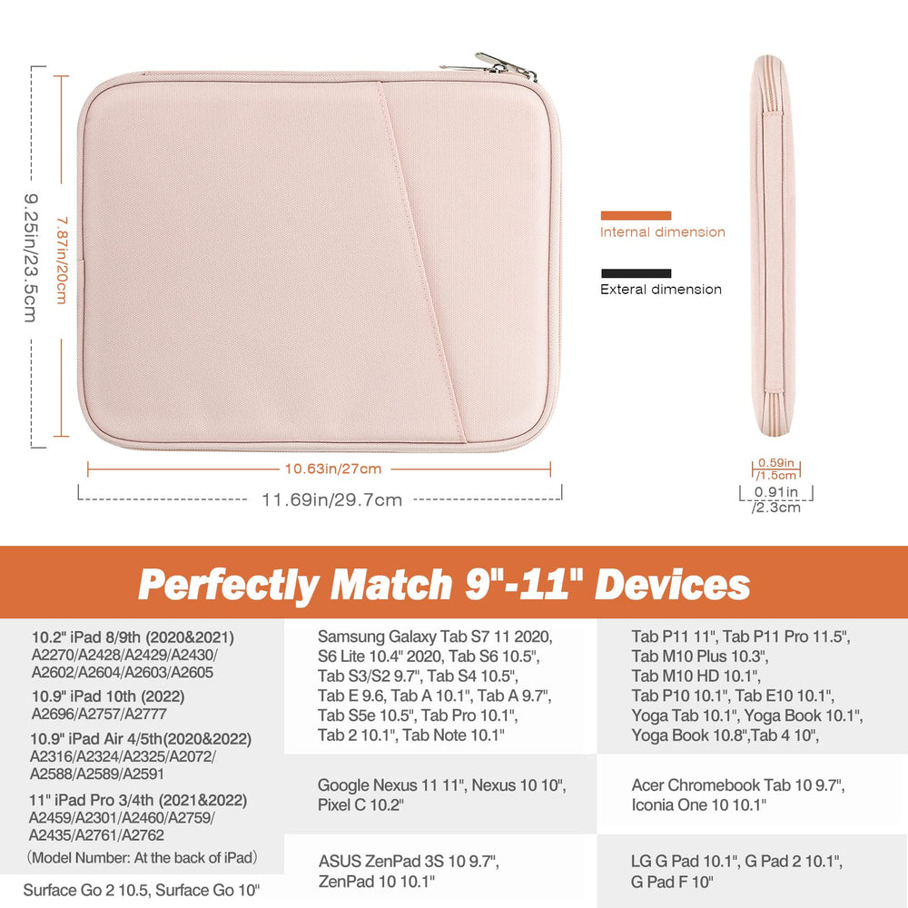 9-11 Inch Tablet Sleeve Case,Fits New iPad Air/Pro 11 inch 2024, iPad Air 5/4th 10.9, iPad 10th Gen 10.9, iPad 9/8/7th 10.2, Galaxy Tab S8/S9 11,Protective Bag Carrying Case with Pocket, Pink