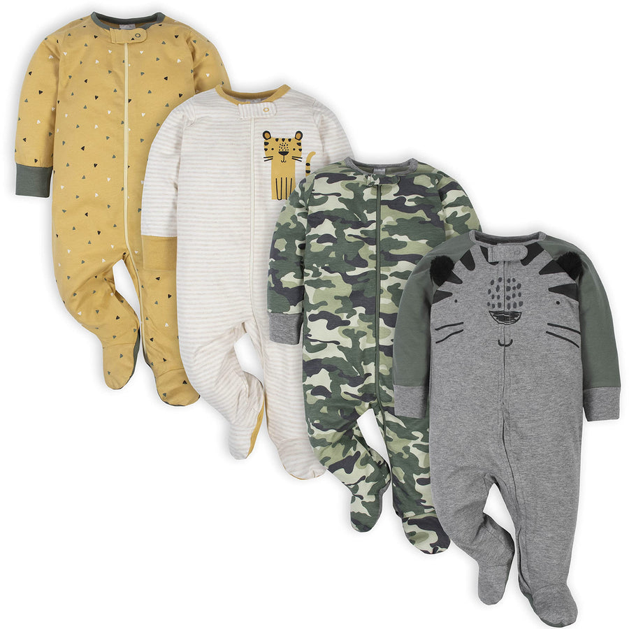 Baby Boys' 4 Pack Sleep 'N Play Footie, Tiger Grey, 0-3 Months