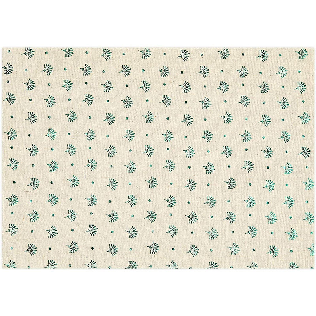 Ivory Dining Table Runner and Placemats, Set of 6, Green Foil (7 Pieces)
