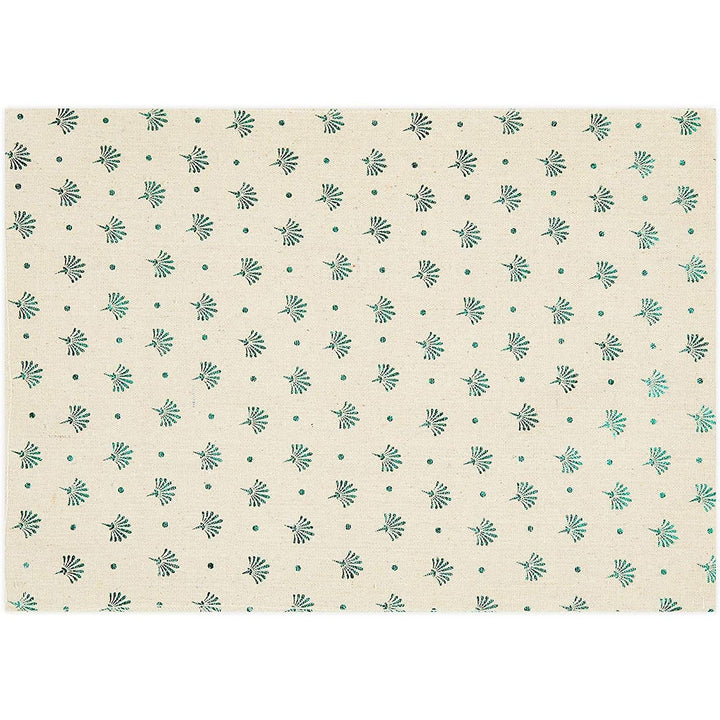 Ivory Dining Table Runner and Placemats, Set of 6, Green Foil (7 Pieces)