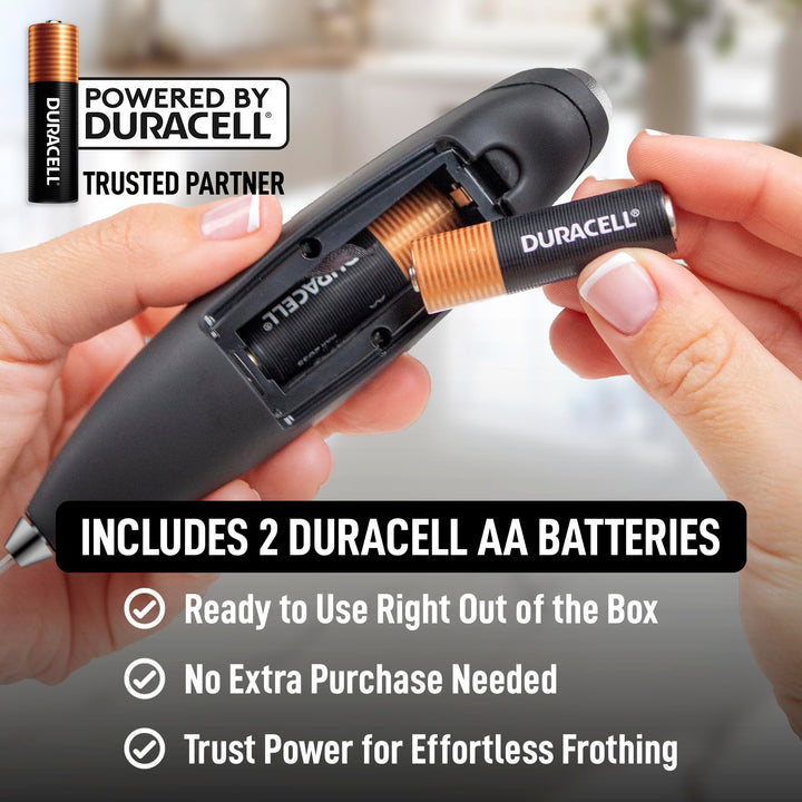 Powerful Milk Frother Wand With 2 Duracell Batteries - Ultra Fast Handheld Drink Mixer - Electric Whisk Foam Maker for Coffee, Lattes, Cappuccino, Matcha, Hot Chocolate & Creamer - Black